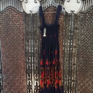 Navy Maxi Dress with Red Floral Print Smocking Stretchy XL